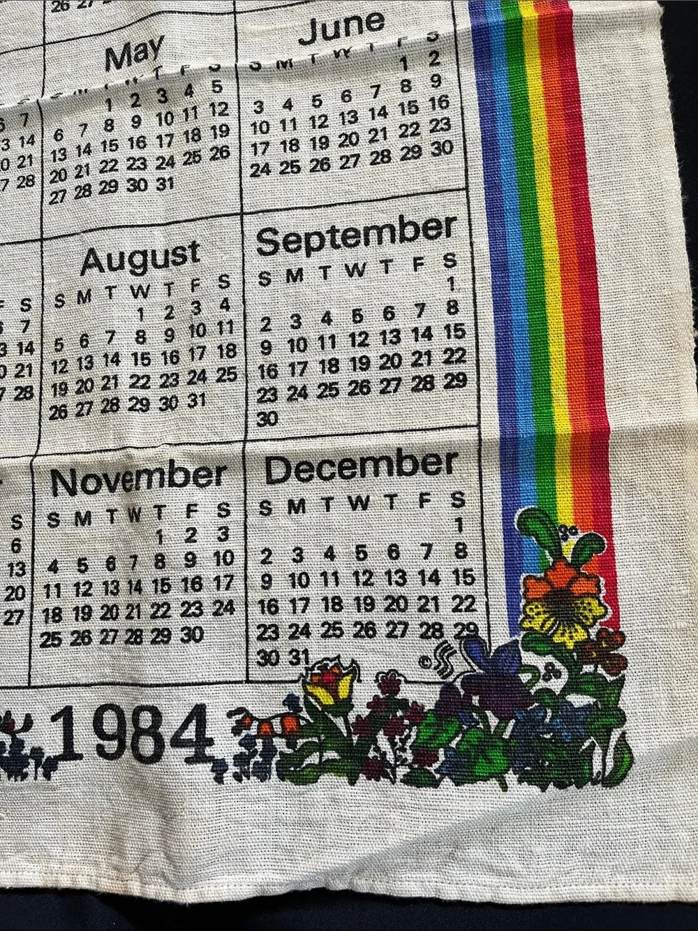 Vtg Linen Calendar 1984 Tea Kitchen Towel RAINBOW Flowers Leap Year Birthday
